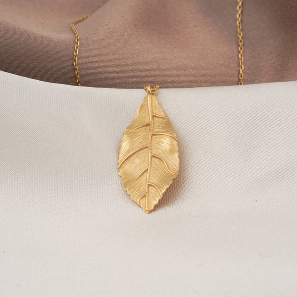 925 SS Brushed Matte Gold Leaf Necklace