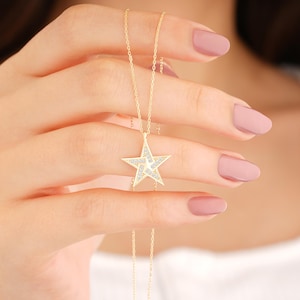 14K Gold Star Necklace, Open Star Pendant with CZ Swirl, Celestial Solid Gold Jewelry, Dainty Inspirational Necklace for Her