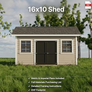 Puede incluir: Un cobertizo beige de 16x10 pies (aproximadamente 4,9 m x 3 m) con techo gris oscuro y puertas dobles negras. Dos ventanas con marcos blancos flanquean las puertas. El cobertizo está en un campo de hierba con árboles altos. Texto: "16x10 Shed" y detalles.