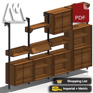 May include: A modular wooden shelving unit with cabinets and open shelves. The design includes black metal supports and is labeled with the text "ARCHIMODERN.CO". A PDF icon is in the upper right corner. The image also includes a shopping list icon.