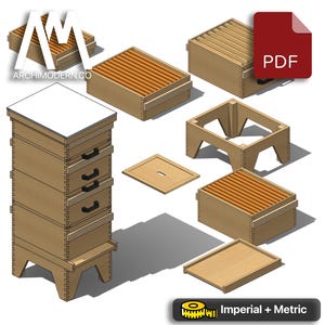 Könnte beinhalten: Ein Bienenstock aus Holz mit vier Schubladen und einem abnehmbaren Deckel. Der Bienenstock ist aus Naturholz gefertigt und hat ein rustikales Aussehen. Der Bienenstock ist auch im PDF-Format erhältlich. Der Bienenstock ist für die Verwendung mit einem Standard-Langstroth-Rahmen konzipiert.