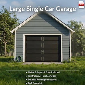 Könnte beinhalten: Eine Einzelgarage mit einer dunkelgrauen Tür und hellblauen Seitenwänden. Der Text "Large Single Car Garage" steht oben. Das Bild enthält ein PDF-Symbol und eine Liste von Funktionen, einschließlich metrischer und imperialer Pläne.
