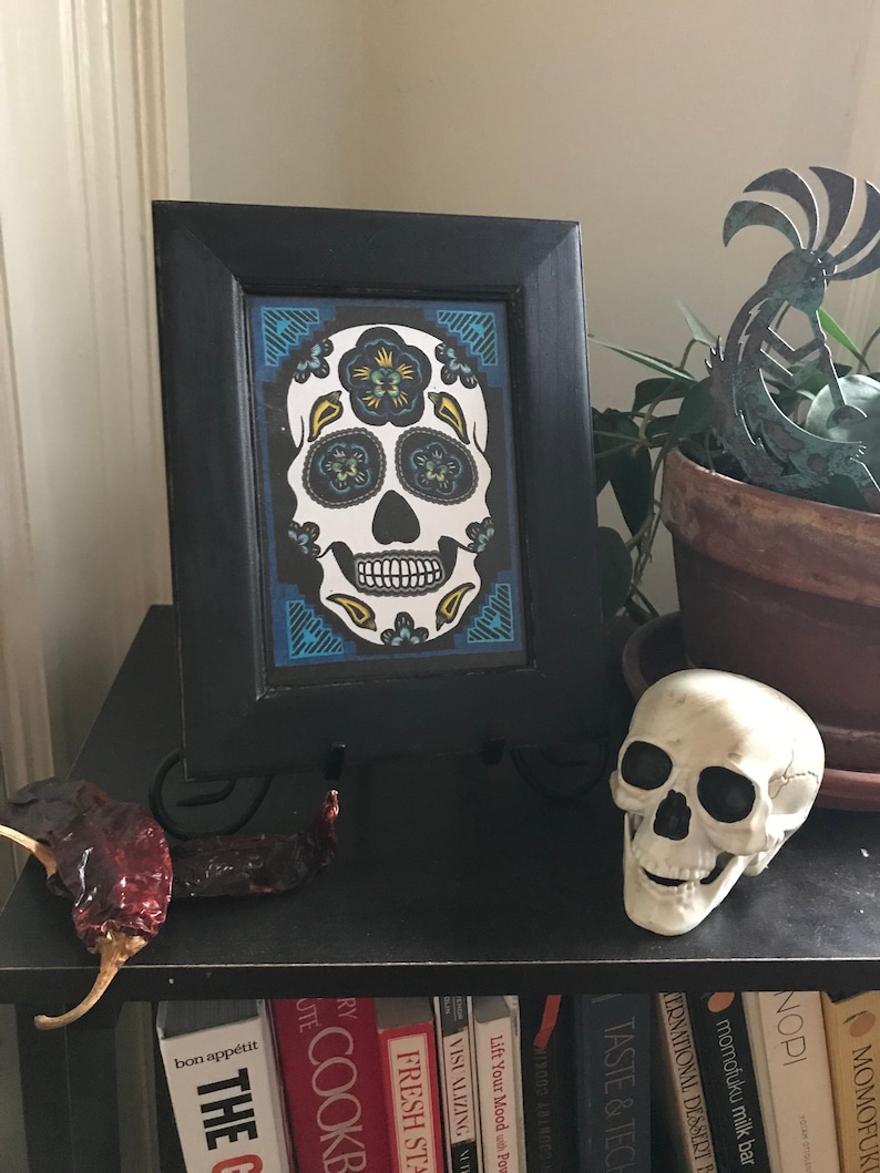 relief print folkart linocut Mexican halloween SUGAR SKULL PRINT Albuquerque September Black /& Blue chile day of the dead