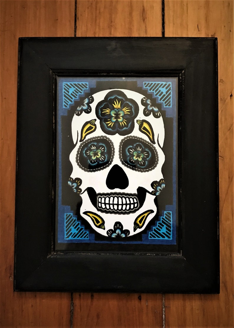 relief print folkart linocut Mexican halloween SUGAR SKULL PRINT Albuquerque September Black /& Blue chile day of the dead