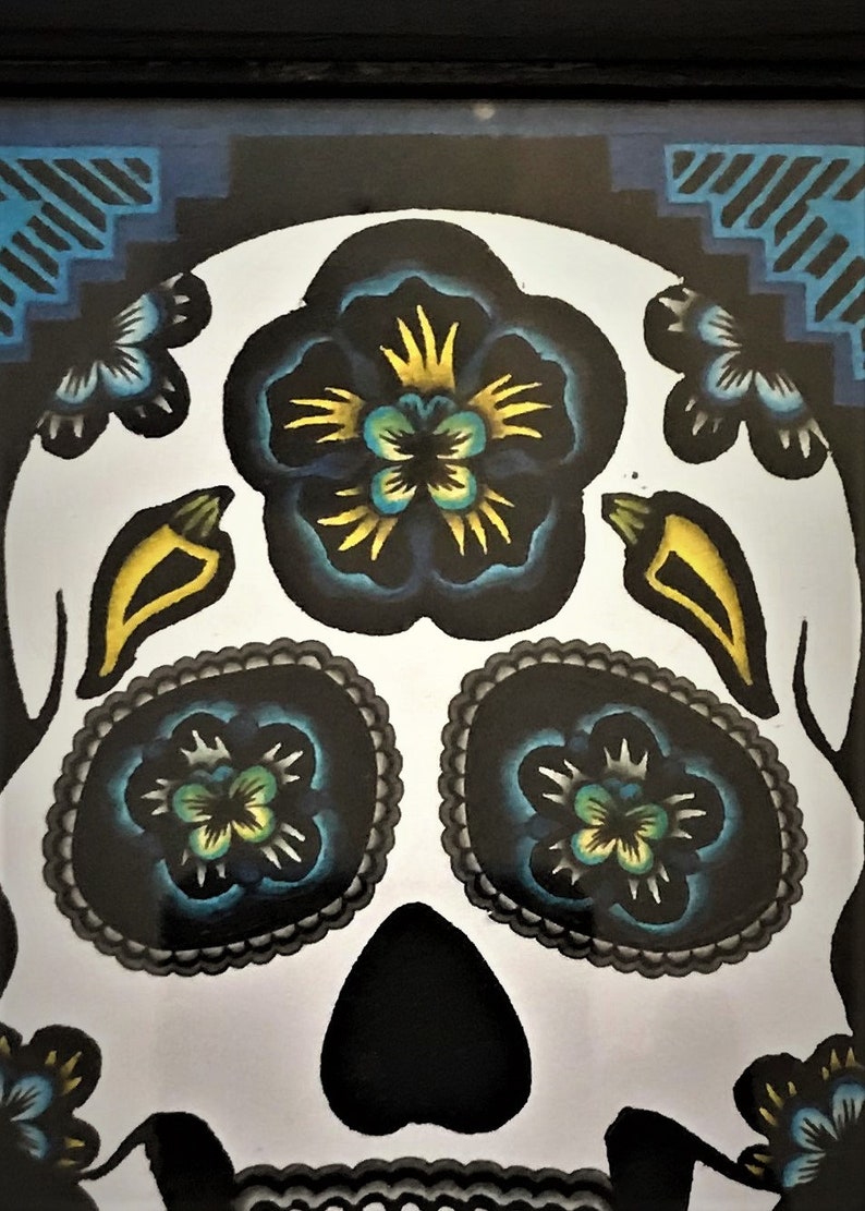 relief print folkart linocut Mexican halloween SUGAR SKULL PRINT Albuquerque September Black /& Blue chile day of the dead