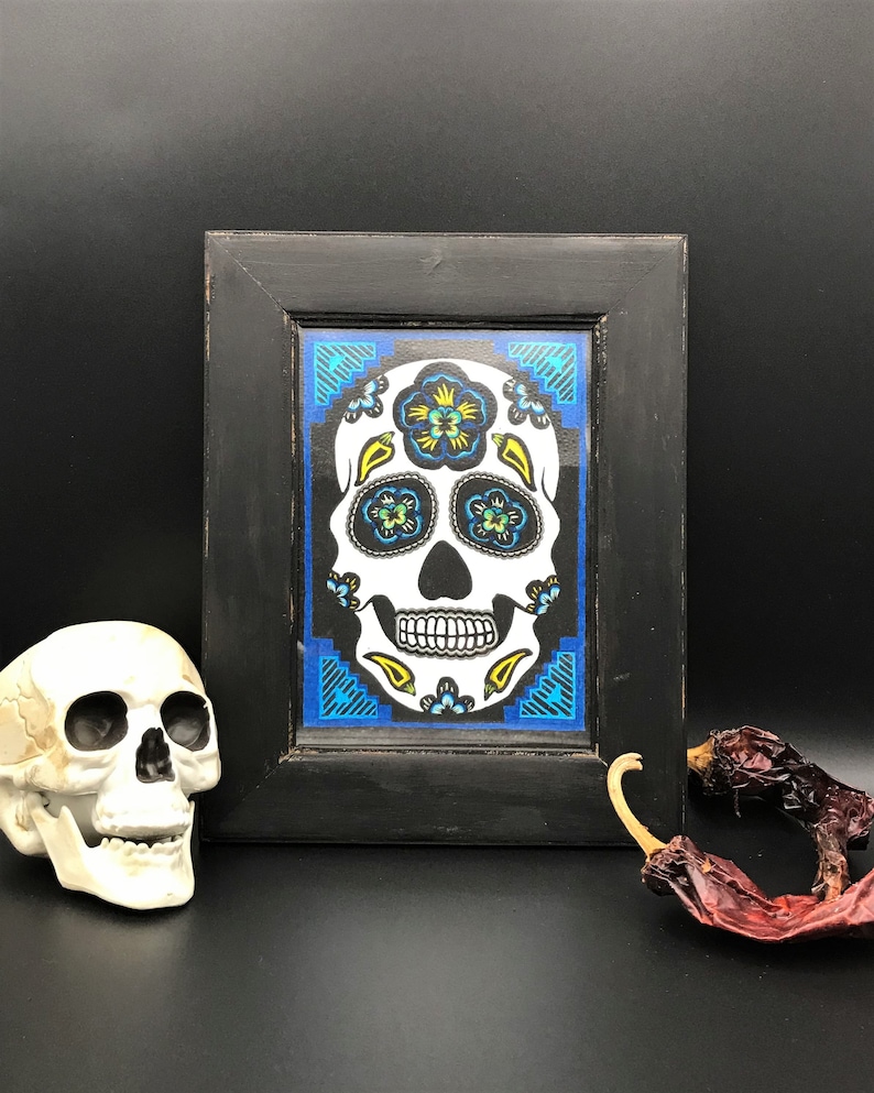 relief print folkart linocut Mexican halloween SUGAR SKULL PRINT Albuquerque September Black /& Blue chile day of the dead