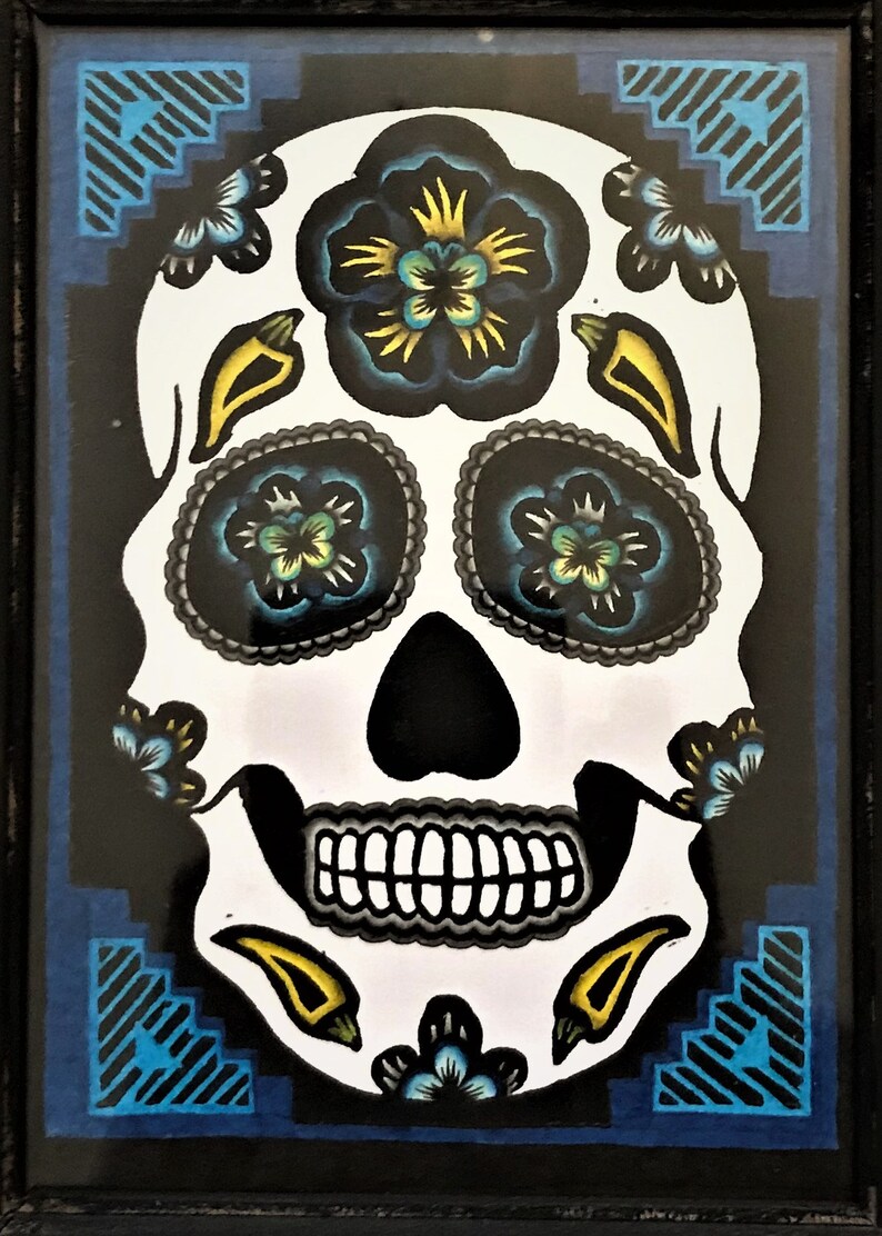 relief print folkart linocut Mexican halloween SUGAR SKULL PRINT Albuquerque September Black /& Blue chile day of the dead