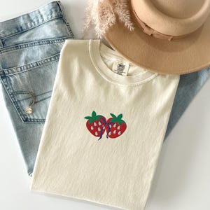 Embroidered Strawberry Bow T-Shirt - Comfort Colors Cottagecore Tee