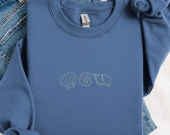 Coastal Embroidered Seashell Sweatshirt, Beachy Surf Pullover, Ocean Lover Cotton Sweatshirt, Vacation Top