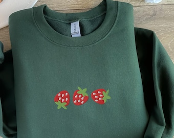 イチゴの刺繍入りパーカー、着心地の良いフルーツ柄プルオーバースウェットシャツ、ファーマーズマーケットにインスパイアされたコテージコアトップス