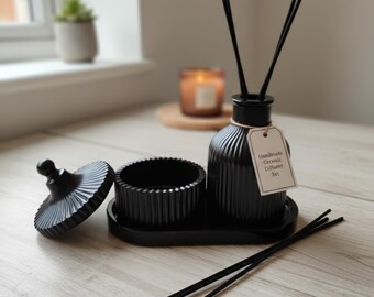 Handmade Resin-Cast Black Resin Reed Diffuser Set | Modern Ribbed Decor
