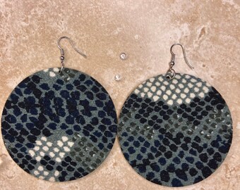 Snake Print Wooden Earrings: Dark Grey Statement Jewelry