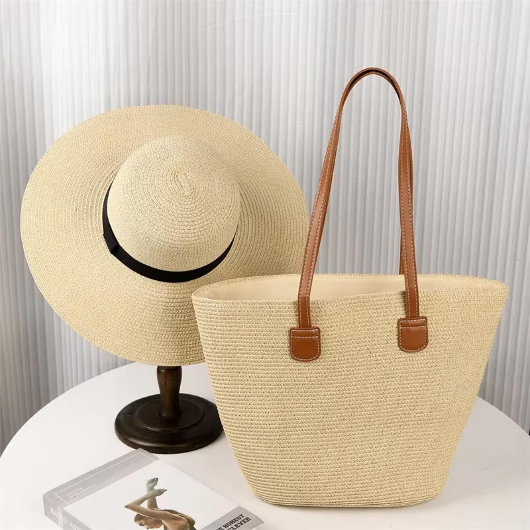 Striped Beach Hat and Tote Bag Set: Black & White Woven Sun  display picture 1