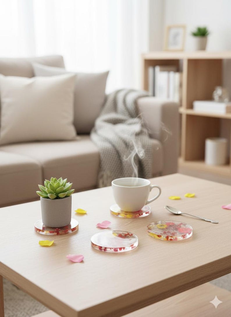 May include: A cozy living room scene featuring a wooden coffee table with a cup of tea, a small succulent in a gray pot, and several decorative coasters. The coasters have a clear resin design with colorful floral inclusions.