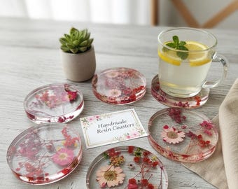 Handmade Resin Pressed Flower Resin Coasters - Botanical Decor Set of 6