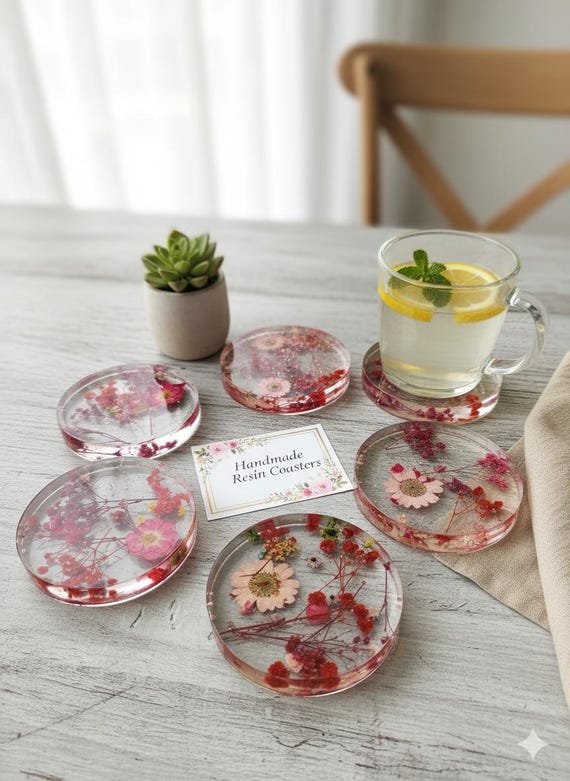 Resin Pressed Flower Resin Coasters - Botanical Decor Set of 6
