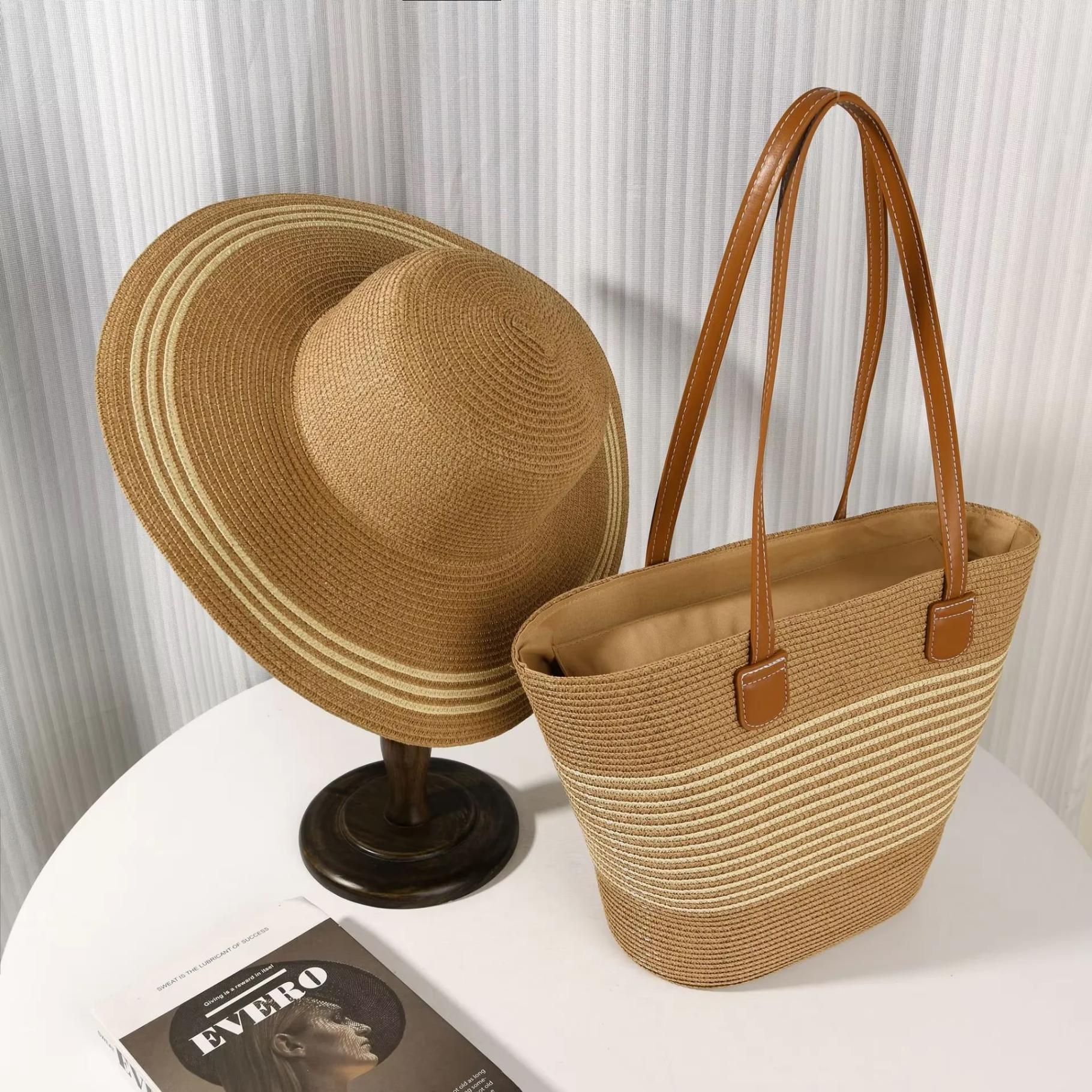 Straw Sun Hat and Beach Tote Set - Natural with Black Stripe Hat carrier Tote w Beach Hat Set 2 Piece Set Navy & White  main image 3