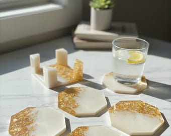 Handmade Luxury White & Gold Flake 5 Resin Coaster Set with 1 Holder | Octagon Epoxy Drink Mats | Elegant Home Decor