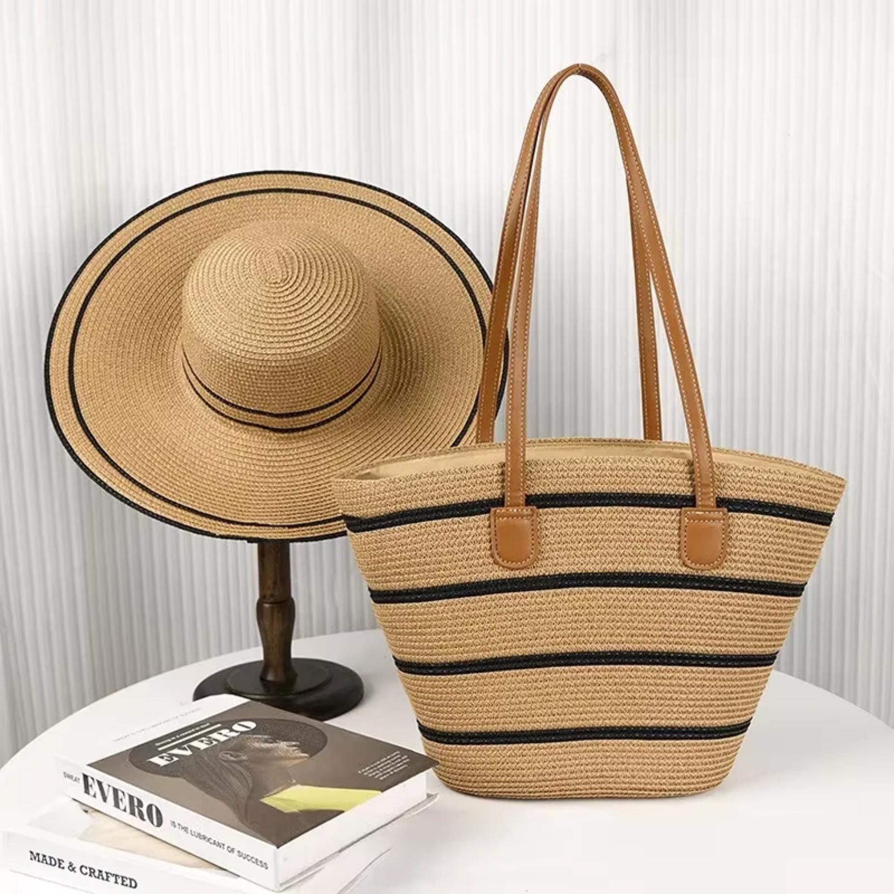 Straw Sun Hat and Beach Tote Set - Natural with Black Stripe Hat carrier Tote w Beach Hat Set 2 Piece Set Navy & White  main image 4