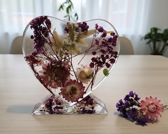 Handmade Pressed Flower Resin Heart Sculpture | Dried Floral Keepsake