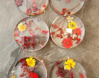 Handmade Resin pressed Flower Coasters: Handmade Resin Coasters with Real Dried Flowers, Set of 6