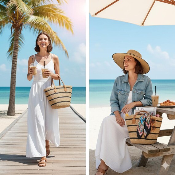 Straw Sun Hat and Beach Tote Set - Natural with Black Stripe Tote Bag & Hat Set – S&E Retail Expo main image 3
