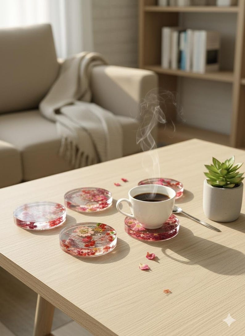 May include: A set of five clear resin coasters with embedded red and yellow flowers. One coaster holds a white cup of coffee, with steam rising. A small succulent plant in a gray pot sits nearby on a light wood table.