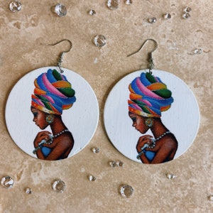 Afro Girl Double Sided | Circle Earrings |Wooden African Earrings | Statement Earrings| FREE UK DELIVERY