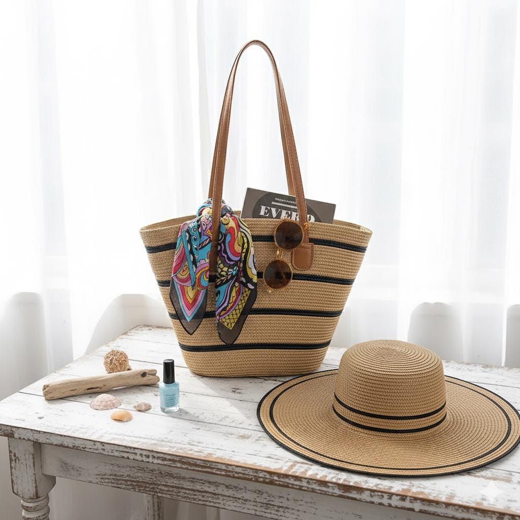 Striped Beach Hat and Tote Bag Set: Black & White Woven Sun  display picture 2