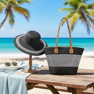 Puede incluir: Un bolso tote a rayas blancas y negras con asas marrones y un sombrero para el sol negro a juego con rayas blancas. El sombrero está sobre un soporte de madera, con gafas de sol y un libro cerca. La escena está ambientada en una mesa de madera con un fondo de playa.