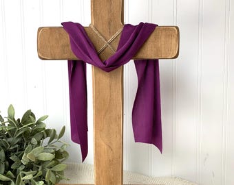 Wooden Easter Cross with Sashes – Rustic Rugged Cross | Christian Easter Decor | Easter Cross Display Holy Week Display Church Easter Decor