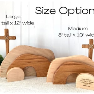 May include: Wooden Easter tomb and cross set in two sizes: 10 inches tall by 12 inches wide and 8 inches tall by 10 inches wide. The tomb is made of three pieces of wood that fit together to form a cave. The cross is made of a single piece of wood. The set includes a small wooden stone with the text "He is not here. For He is risen. Just as He said. Matthew 28:6".