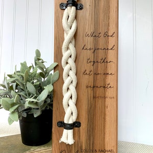 Personalized Hickory Wood Wall Hanging Wedding Gift/ Cord of 3 strands/ what God has joined custom wedding gift 5 year anniversary wood gift