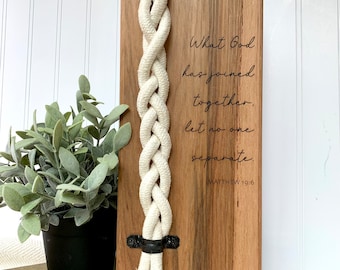 Personalized Hickory Wood Wall Hanging Wedding Gift/ Cord of 3 strands/ what God has joined custom wedding gift 5 year anniversary wood gift