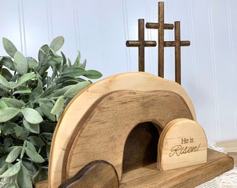 Easter Scene Wooden Decoration He Is Risen The Empty Tomb Easter Scene And Cross Statue Set Nativity Jesus Nativity Scene Wood Ornaments For Spring Religious Home Office Table Decor (Yellow
