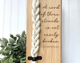 Personalized Hickory Wood Wall Hanging Wedding Gift / Cord of Three strands/ what God has joined custom wedding 5 year wood anniversary gift