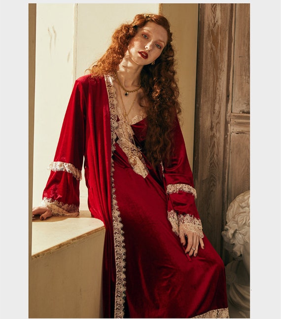 Romantic Vintage Velvet Sexy Red Robe | Robe Set |