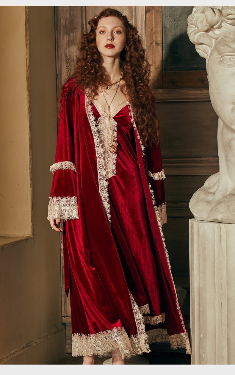 Romantic Vintage Velvet Sexy Red Robe Robe Set Women Etsy
