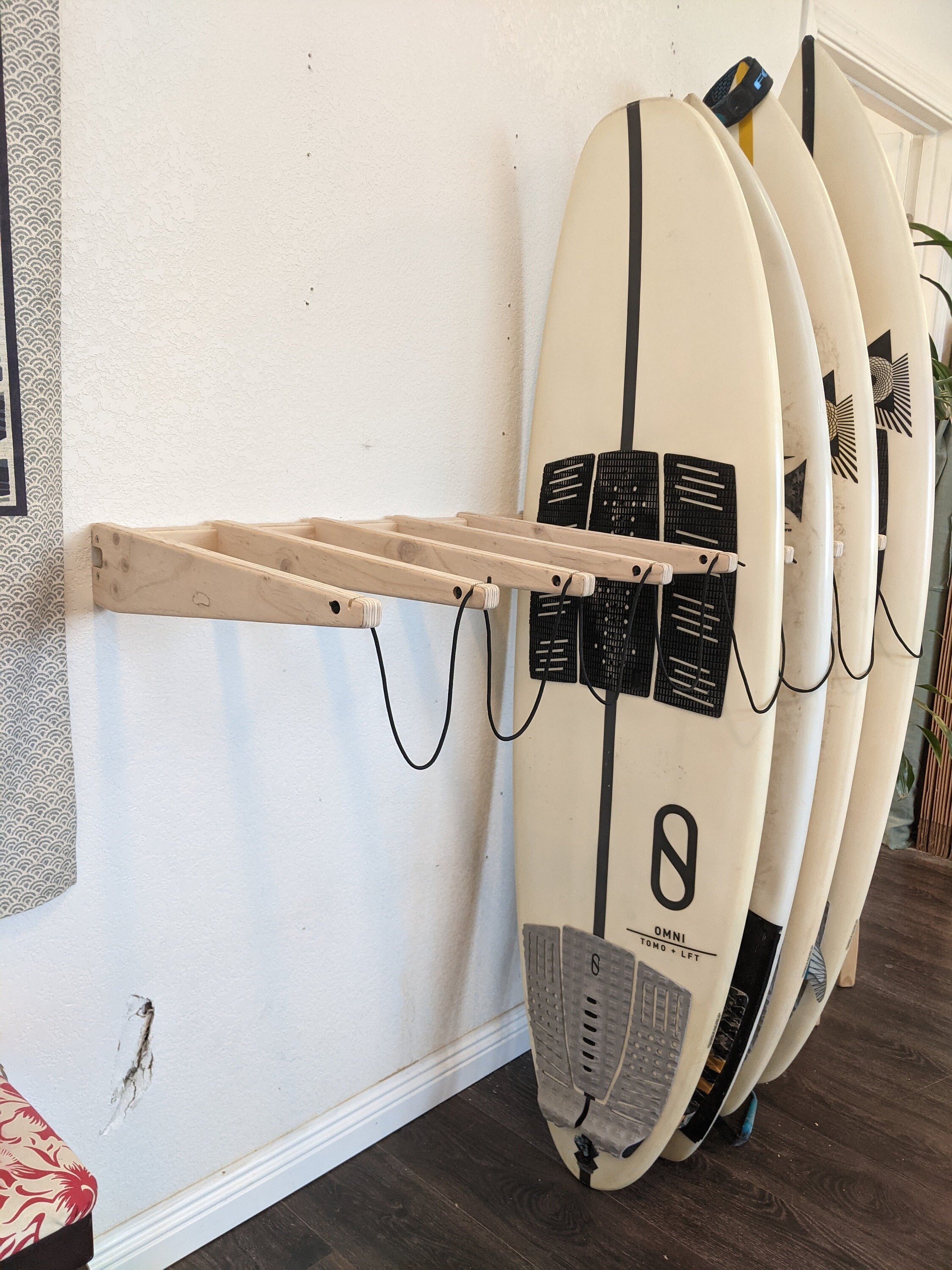 Surfboard Wall Rack - Solid Teak Wood, Adjustable Angle, Holds Short Or Long Boards, Fins In Or Out, Easy Mount