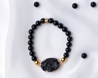 Black Onyx Bracelet Women. Birthstone Bracelet. Gemstone Jewelry. Black Druzy Jewelry. Protection Bracelet for Women.