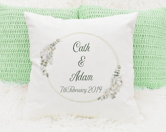 Personalised floral wreath cushion, perfect for weddings, engagements, anniversaries etc. 40cm square cushion