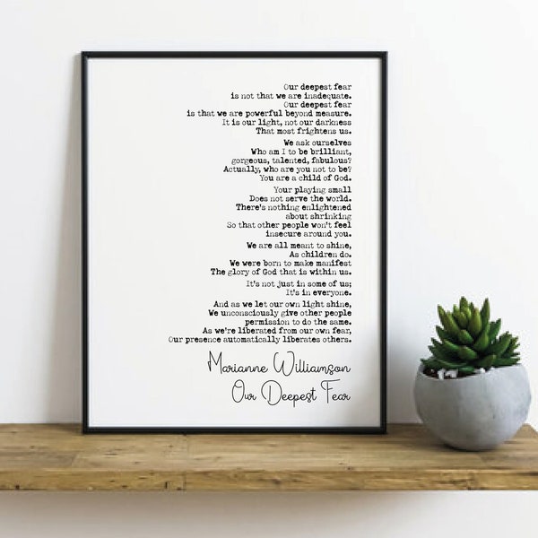 Marianne Williamson Poem Print Our Deepest Fear Poetry Quote Print Minimalist Home Decor Monochrome Posters Wall Art Unframed Literature Art