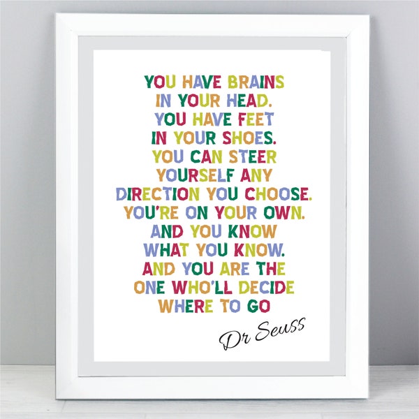 Dr Seuss Nursery Quote Print You Have Brains In Your Head Dr. Seuss Gifts Colourful Block Wall Art Inspirational Motivational Unframed