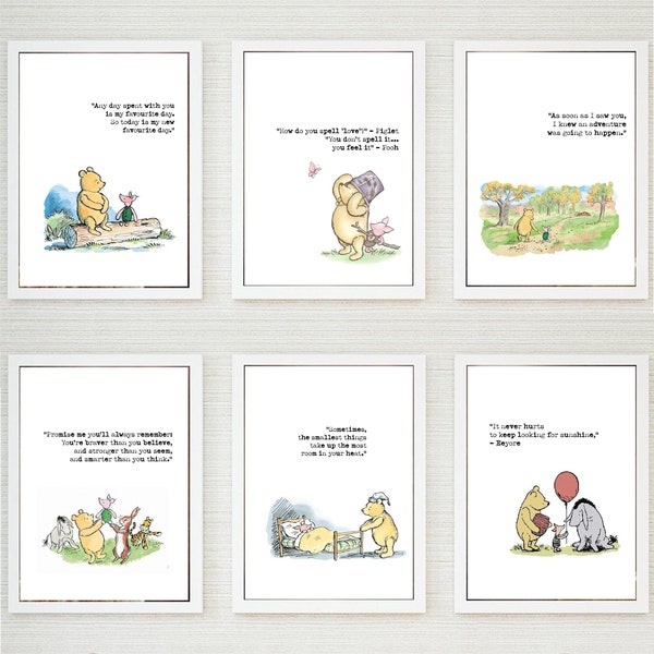 Set of 6 Winnie The Pooh Quote Prints Classic Style Nursery Wall Art Baby Shower Gift Nursery Home Decor Literature Unframed New Baby Prints