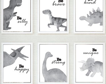 Set of 6 Children's Black and White Dinosaur Prints Wall Art Nursery Dinosaur Decor Posters Positive Words Affirmations Unframed