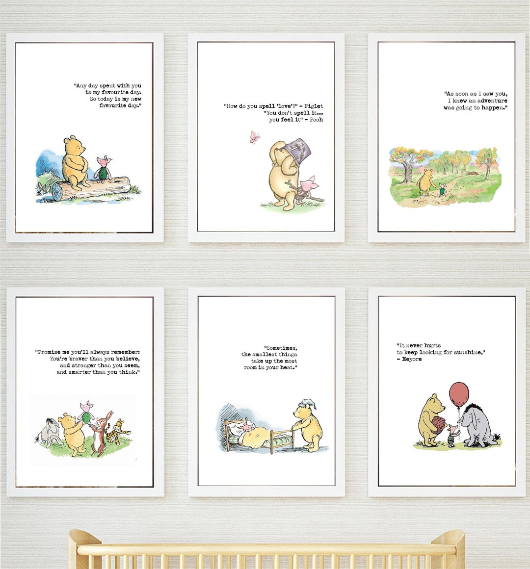 Set of 6 Winnie the Pooh Quote Prints Classic Style Nursery Wall Art ...