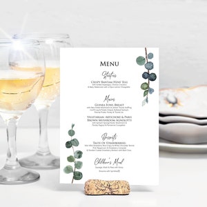 Personalised Botanical Wedding Menu Cards 5x7 Inch Custom Wedding Table Settings Events Food Details Eucalyptus Leaves Minimalist Design