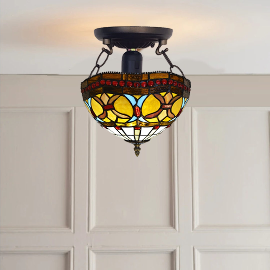 Tiffany Style Ceiling Lamps 10 Inch Wide Red Stained Glass Rose Lamp ...