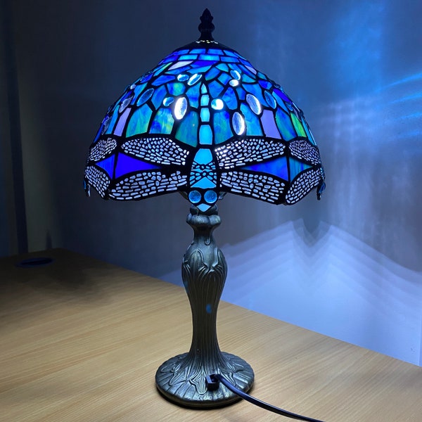 Lámpara de mesa antigua estilo libélula Tiffany de 10 pulgadas, impresionante decoración artesanal multicolor