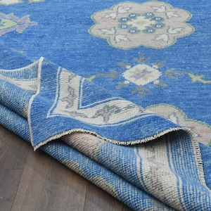 8x12.1 ft, BLUE OUSHAK RUG, One of a Kind, Vintage Turkish Rug, Oushak Handmade Wool, Blue Floral Rug, Decor, Traditional Ethnic Carpet